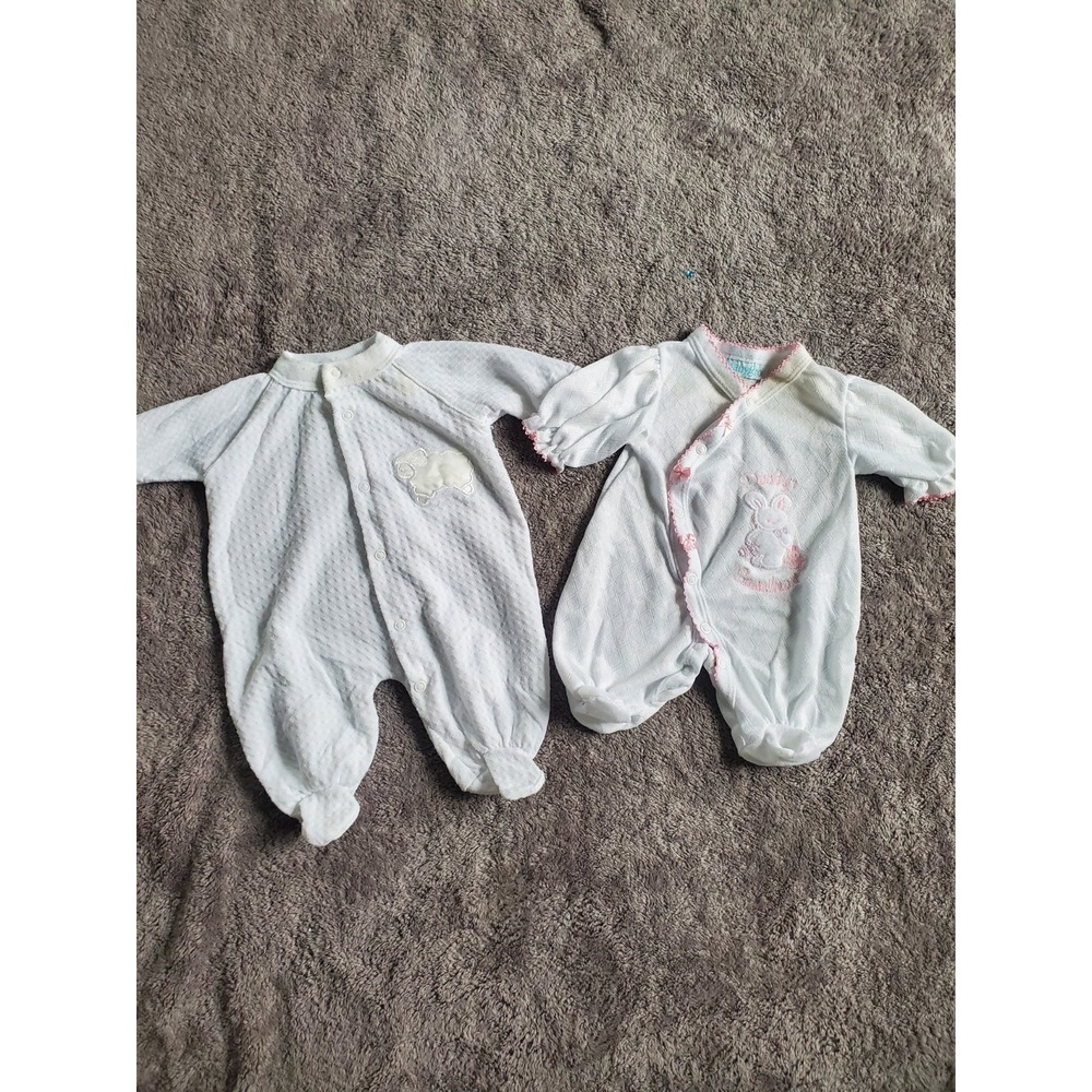 Vintage BabyGro 1998 Newborn Baby White Pointelle Knit Bunny USA Bundle Of 2pc
